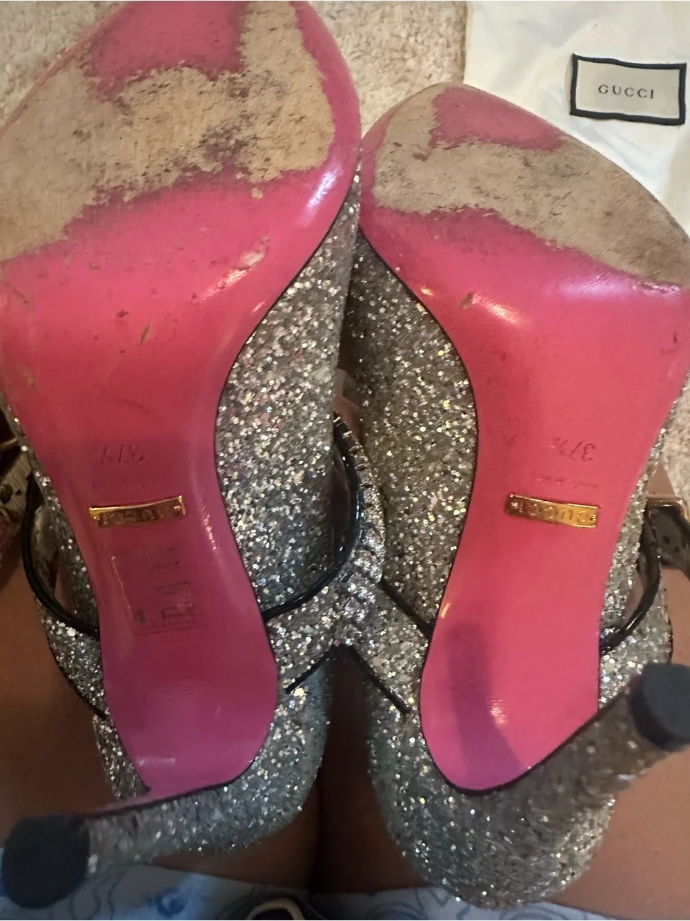 Gucci Silver Glitter Pointed Mary Jane Flats with Rhinestone Strap